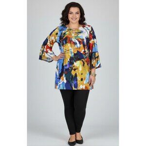 Melissa Paige Fluid Knit Vibrant Print Tunic Blouse Bell Sleeves Womens Sz Large